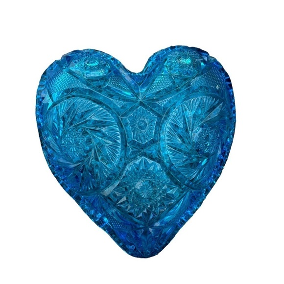 Heart Shape Sawtooth Dish 1960s Era Blue Kemple McKee Glass Aztec Pattern MCM - Picture 2 of 5